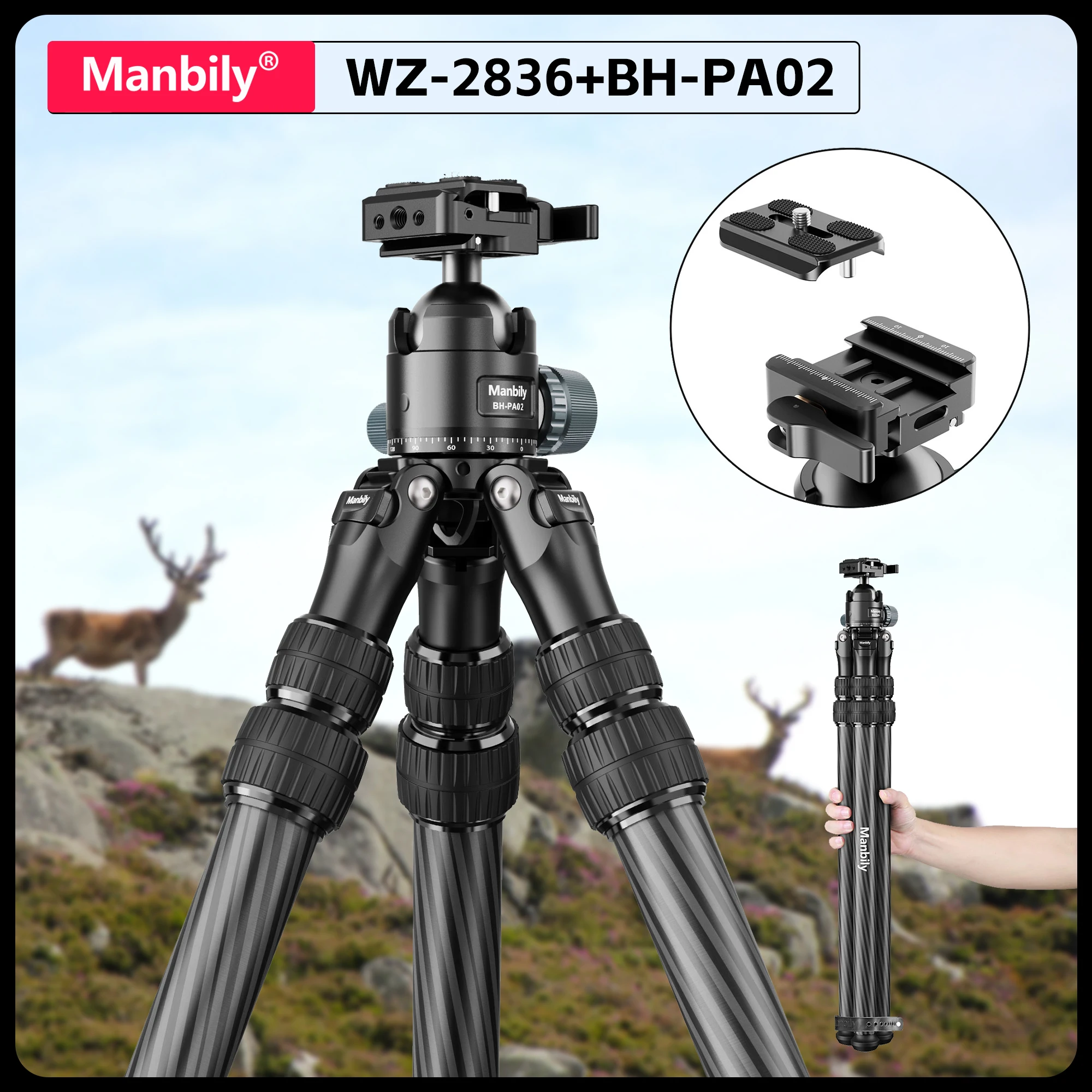 

Manbily WZ-2836 with BH-PA02 Professional Carbon Fiber Hunting Tripods for Outdoor Heavy Duty Tripod Max.Load 44lbs