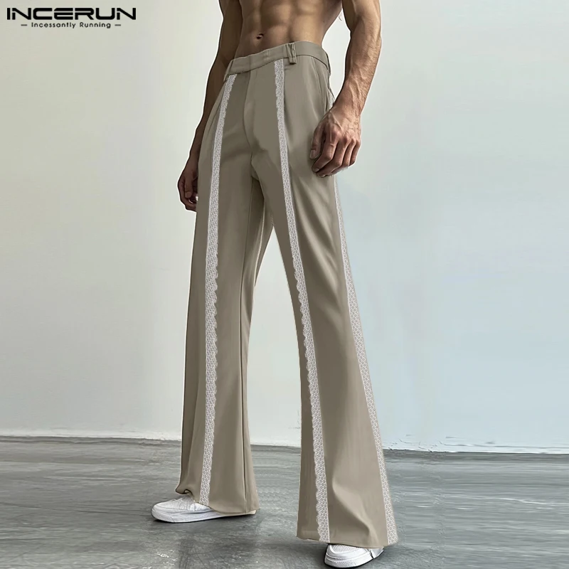 Stylish Men Trousers INCERUN 2024 Lace Splicing Straight Leg Design Long Pants Male Leisure Clubwear Hot Selling Pantalons S-5XL