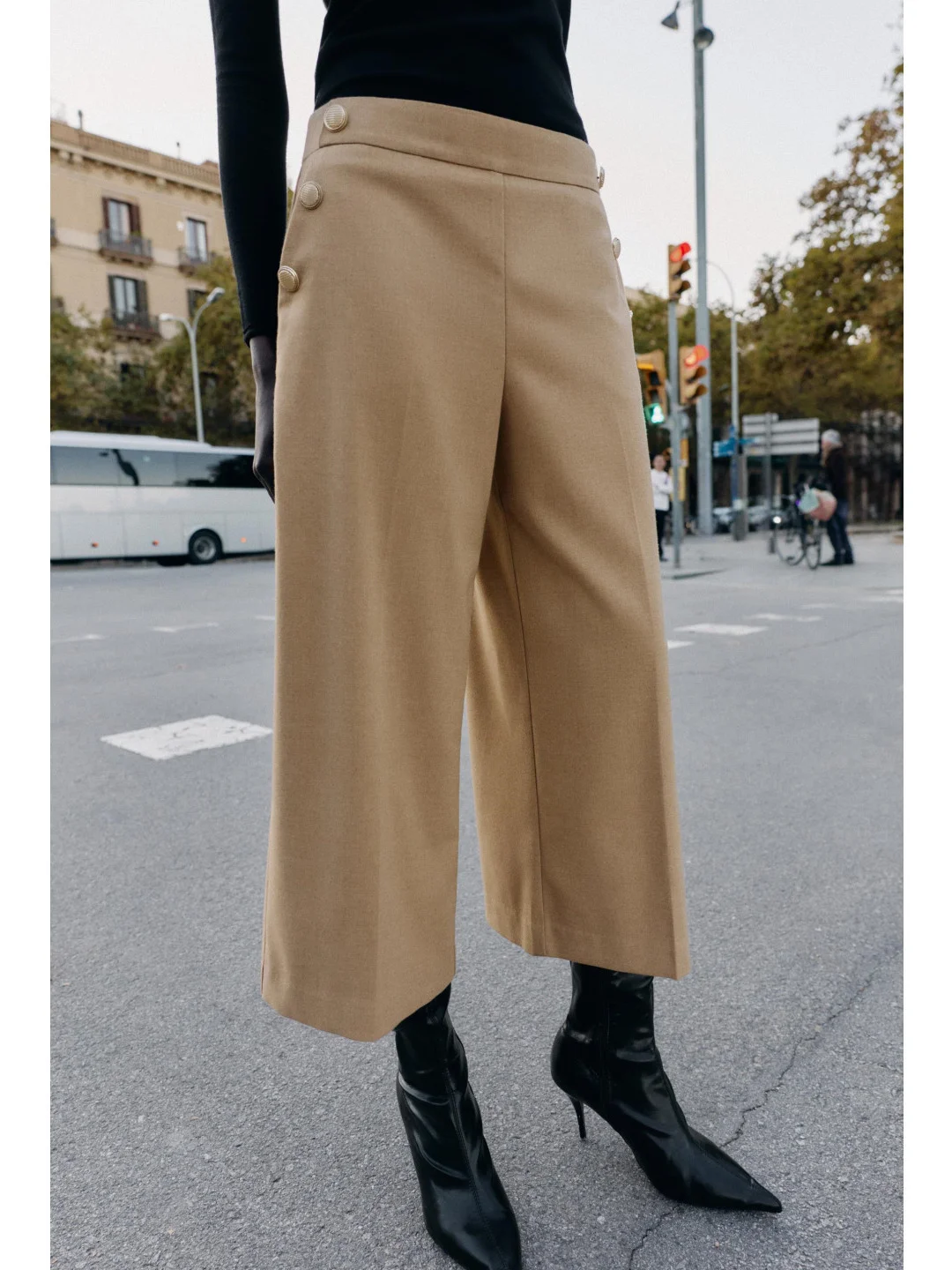 Winter New Casual High Waist Button Decorated ort Wide Leg Seven-Foot Pants Women's Faion Side Zipper  Trousers