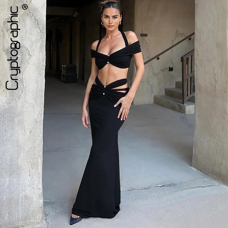 

Cryptographic Elegant Ruched Cut Out Dress Sets Club Sexy Outfits for Women Suits Halter Top and Maxi Skirts Bodycon 2 Piece Set