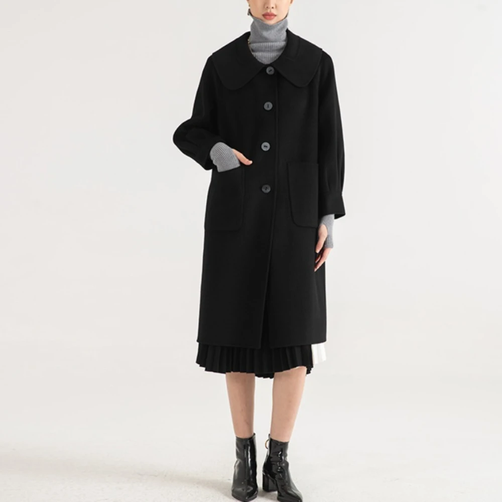 

Simple Autumn and Winter Doll Collar Wool Double-sided Woolen Coat for Women Medium To Long Woolen Coat with Buckle