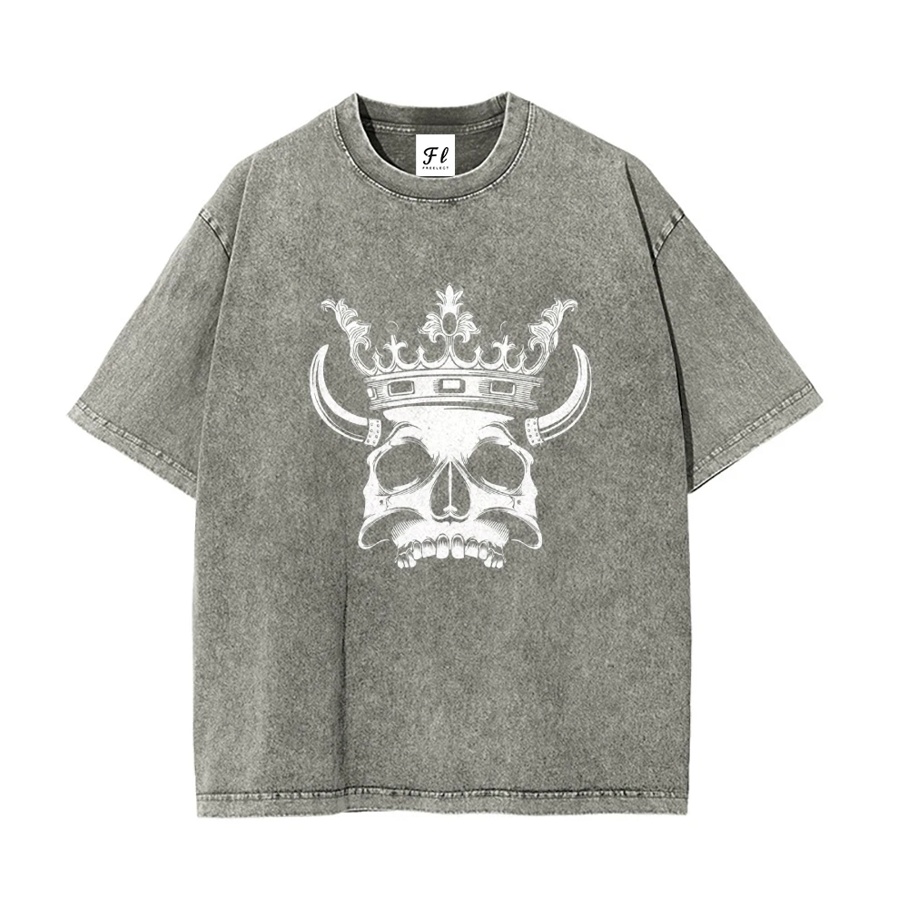 T-shirt col rond délavé rétro Vintage, avec imprimé couronne de crâne, Punk, esthétique, tendance, vêtements légers, confortable, quotidien