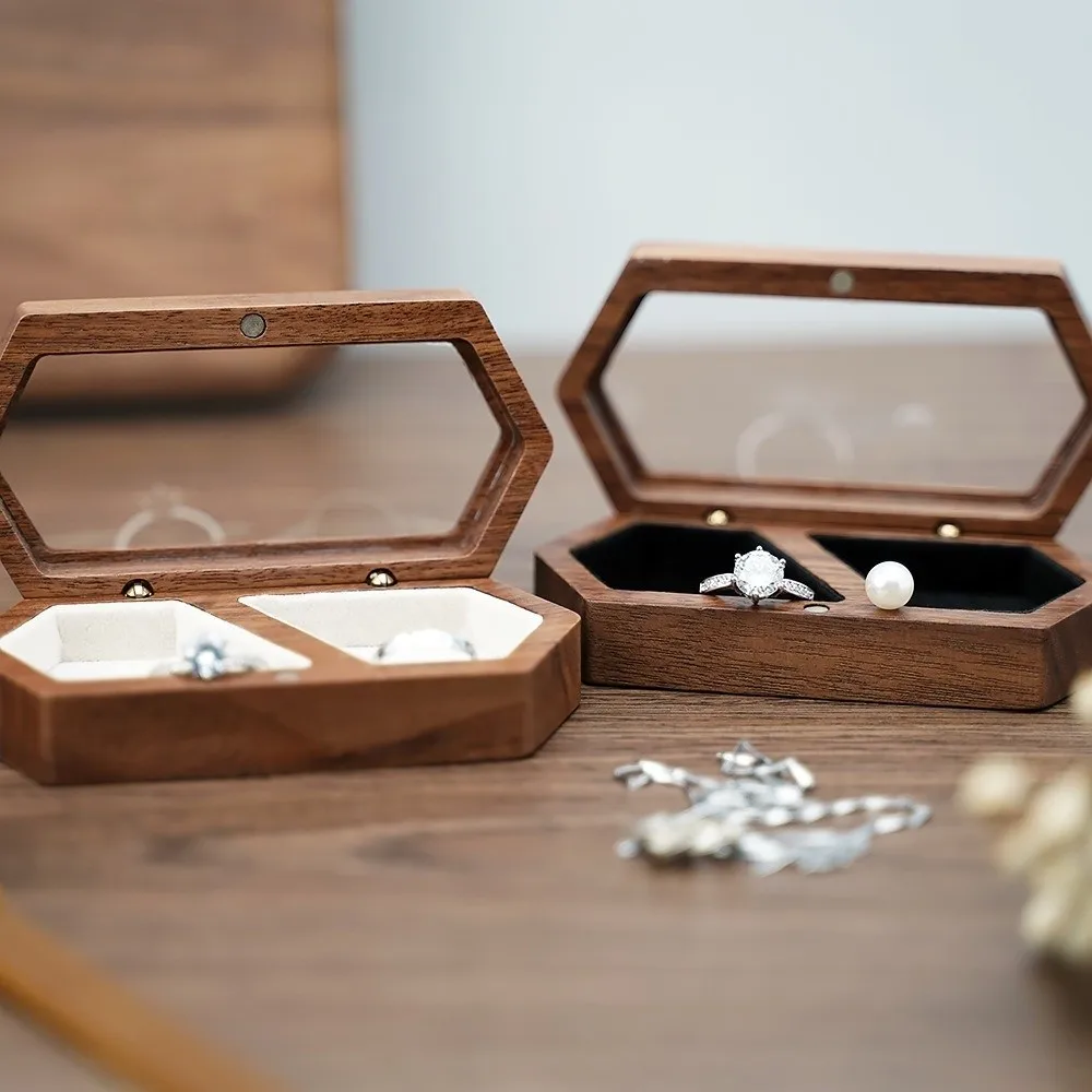 Luxury Hexagon Wooden Ring Box Proposal Gift Velvet Lined Jewelry Storage box Double Seat Earring Ring Case