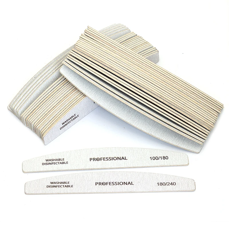 

100Pcs Nail Supplies For Professional Nail Files Buffer 100 180 240 Grit Strong Sandpaper Washable Halfmoon Nails File Wholesale