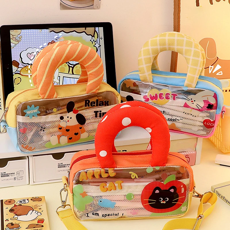 Kawaii Pencil Case Large Capacity Pen Bag With Handle Transparent Stationery Organizer Multifunctional Storage Bag Gifts