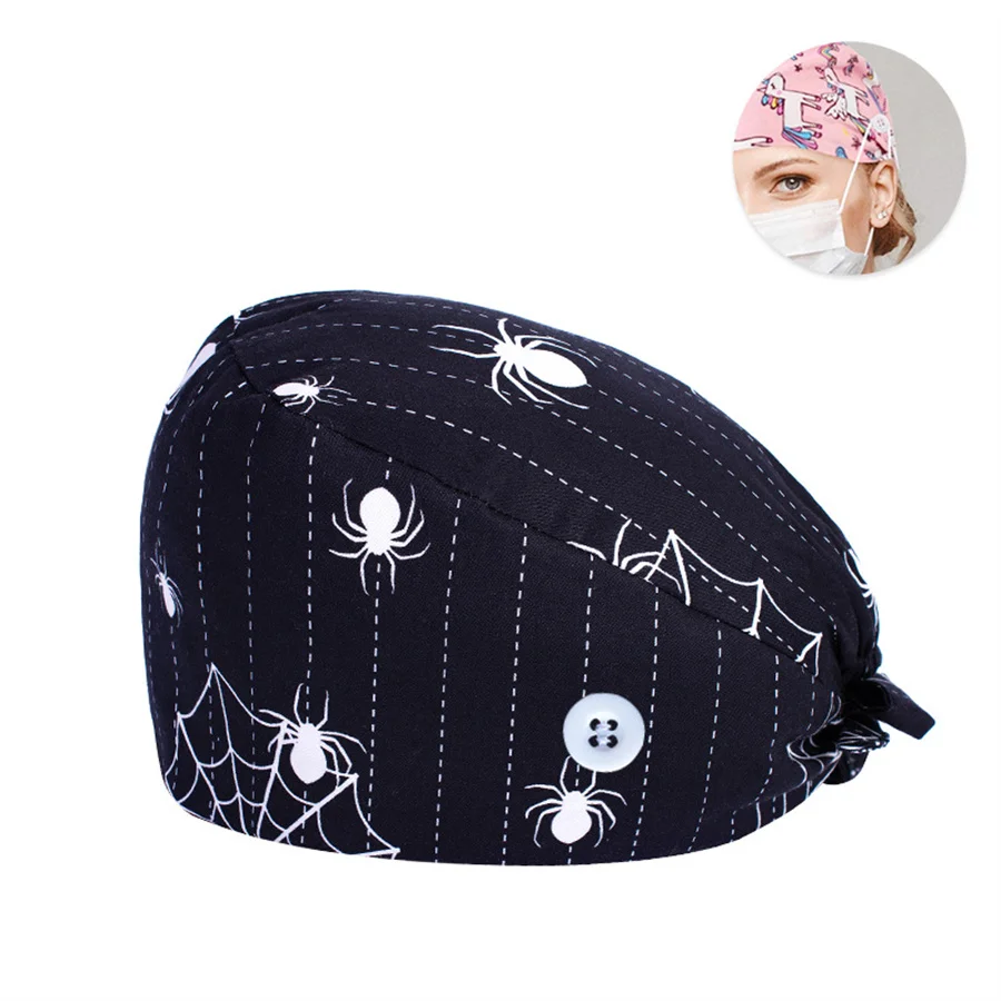 Fashionable Printed Cotton Work Cap - Elastic Nurse Turban Hat with Adjustable Button - Perfect for Surgical & Everyday Use