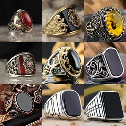 New Retro Turkish Handmade Silver Color Men Rings Vintage Carved Eagle Pattern Black Zircon Stone Rings 2023 Punk Muslim Jewelry