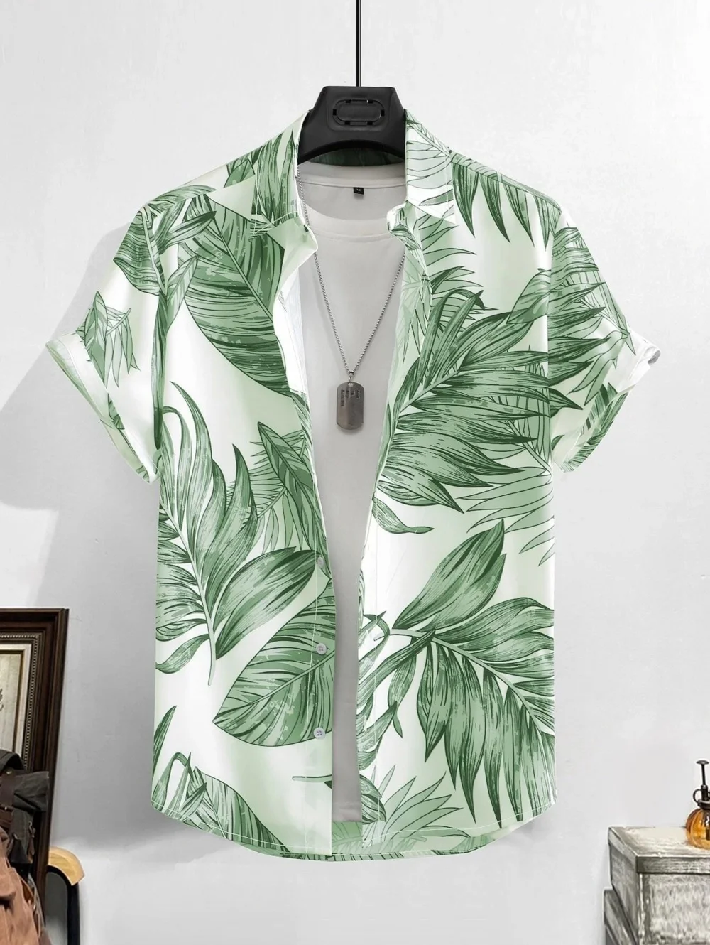 

Men Hawaiian Shirts Leaf Print Beach Fashion Summer Shirt Outdoor Clothes Short Sleeve Top Casual Loose Vintage Beach Men Shirt