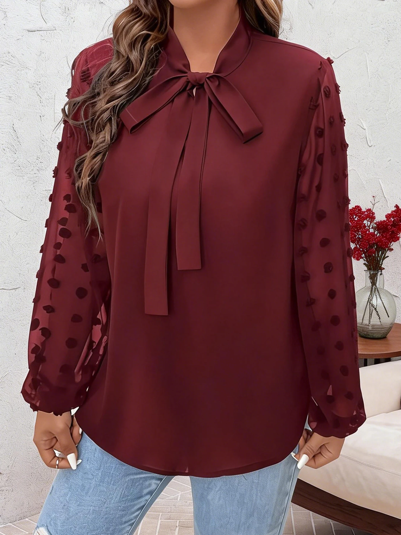 Plus Size Spring Autumn Women Elegant Bow Tie Neck Shirt Office Lady Fashion Solid Curve Clothing Casual Long Sleeve Tops