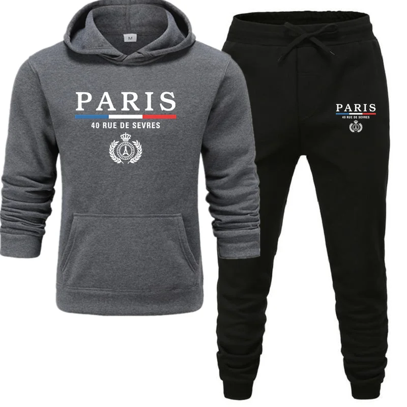 Men\'s Luxury Hoodie Set PARIS Print Sweatshirt Sweatpant for Male Hooded Tops Jogging Trousers Suit Casual Streetwear Tracksuit