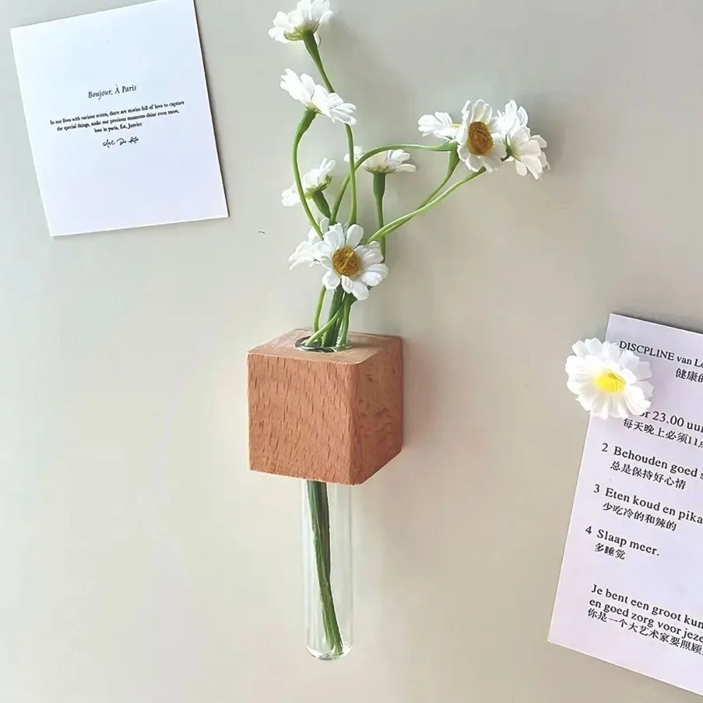 Wooden Test Tube Vase Mini Bonsai Fresh Flower Display Refrigerator Vase Decorative French Country Style Simulation Flower Vase