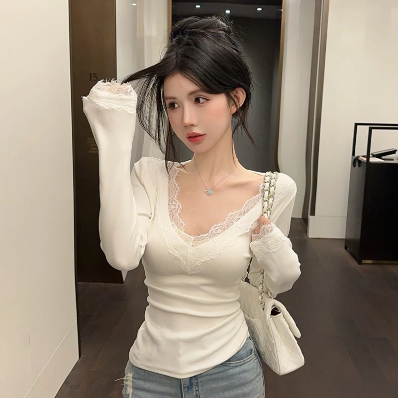 

Кружевная нижняя рубашка с длинными рукавами Pure Desire для женщин осенью, новый стиль, высококачественный облегающий внутренний топ