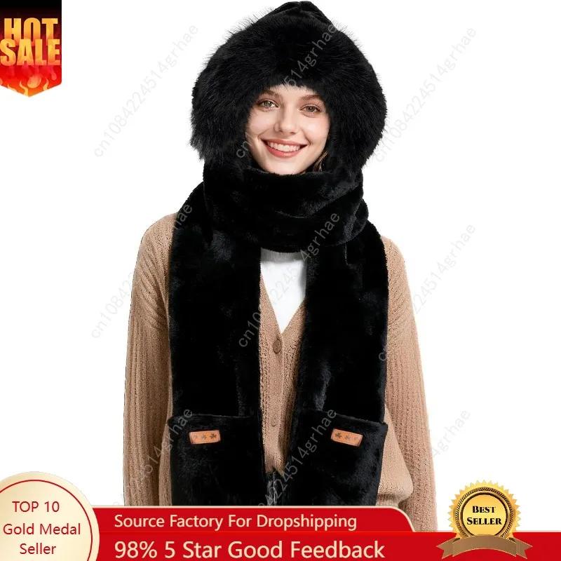 

Hooded Scarf for Women Winter, Ear Hat Scarf 3 in 1Faux Fur Gloves Set Soft Thick Warm Hat