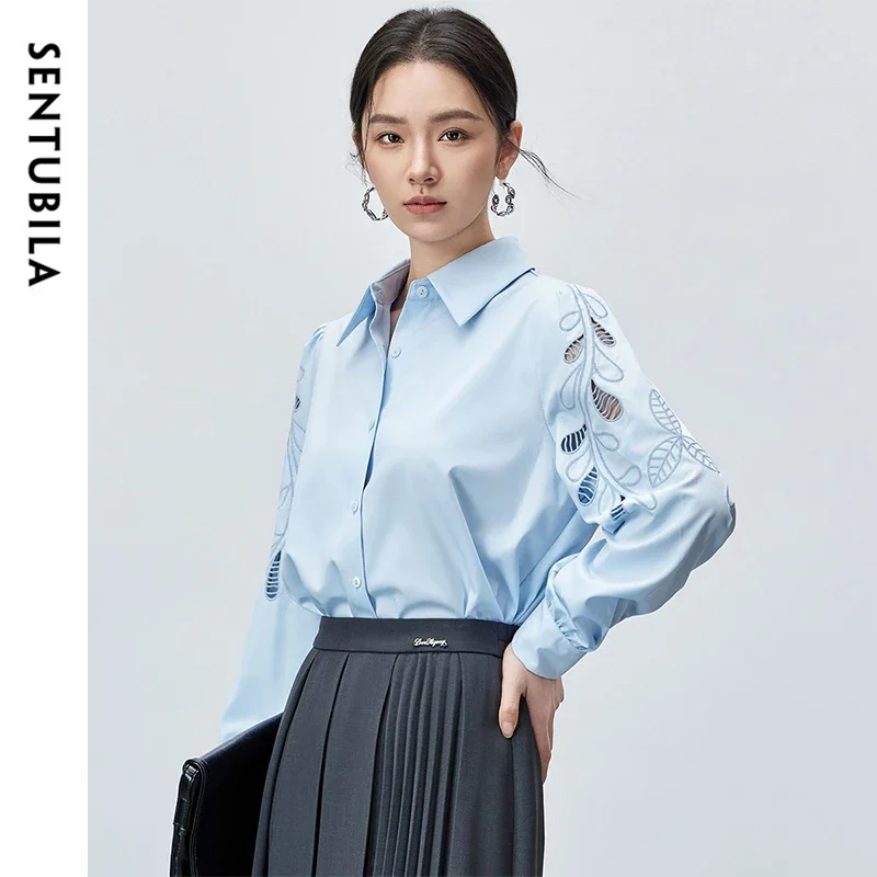 SENTUBILA Embroidery Hollow Out Shirt for Women 2024 Autumn Turn Down Collar Long Sleeve Solid Elegant Blouse Ladies M43C57362X