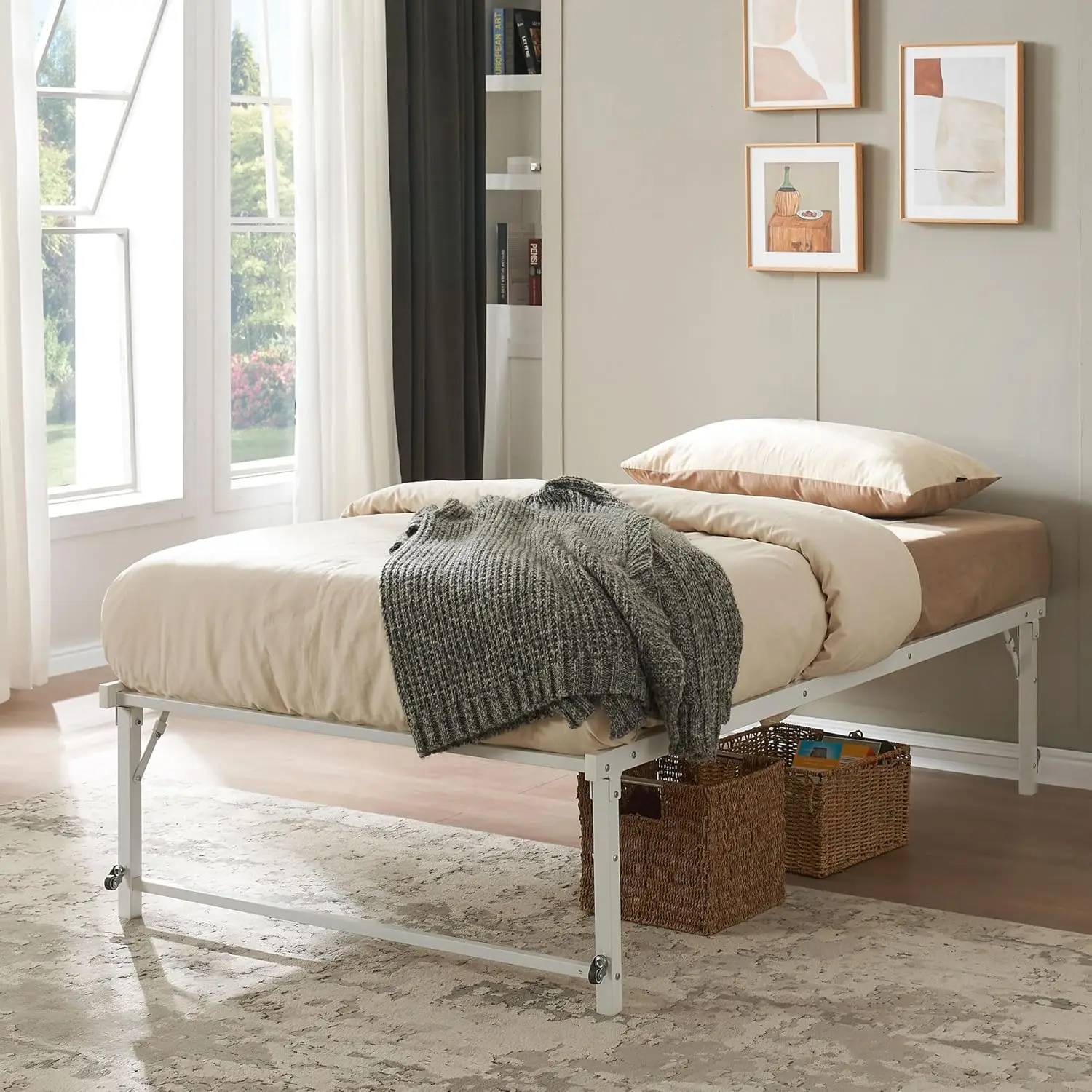 

Twin Size Metal Pop up Trundle Day Bed Frame with Wheels, White - Sturdy and Elegant Space-Saving Solution