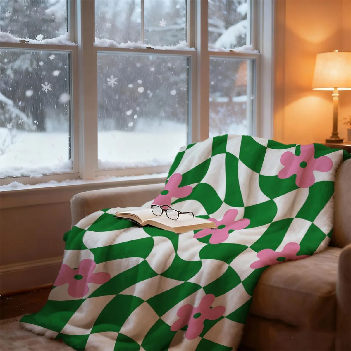 Green and White Distorted Checkerboard Pattern Flannel Blanket with Small Pink Floral Print