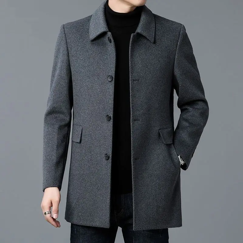 KIDWHXR 2026 Autumn Men Business Causal Wool Jacket Single-breasted Man Coat Windproof Mid Length Long Sleeve Male Outerwear