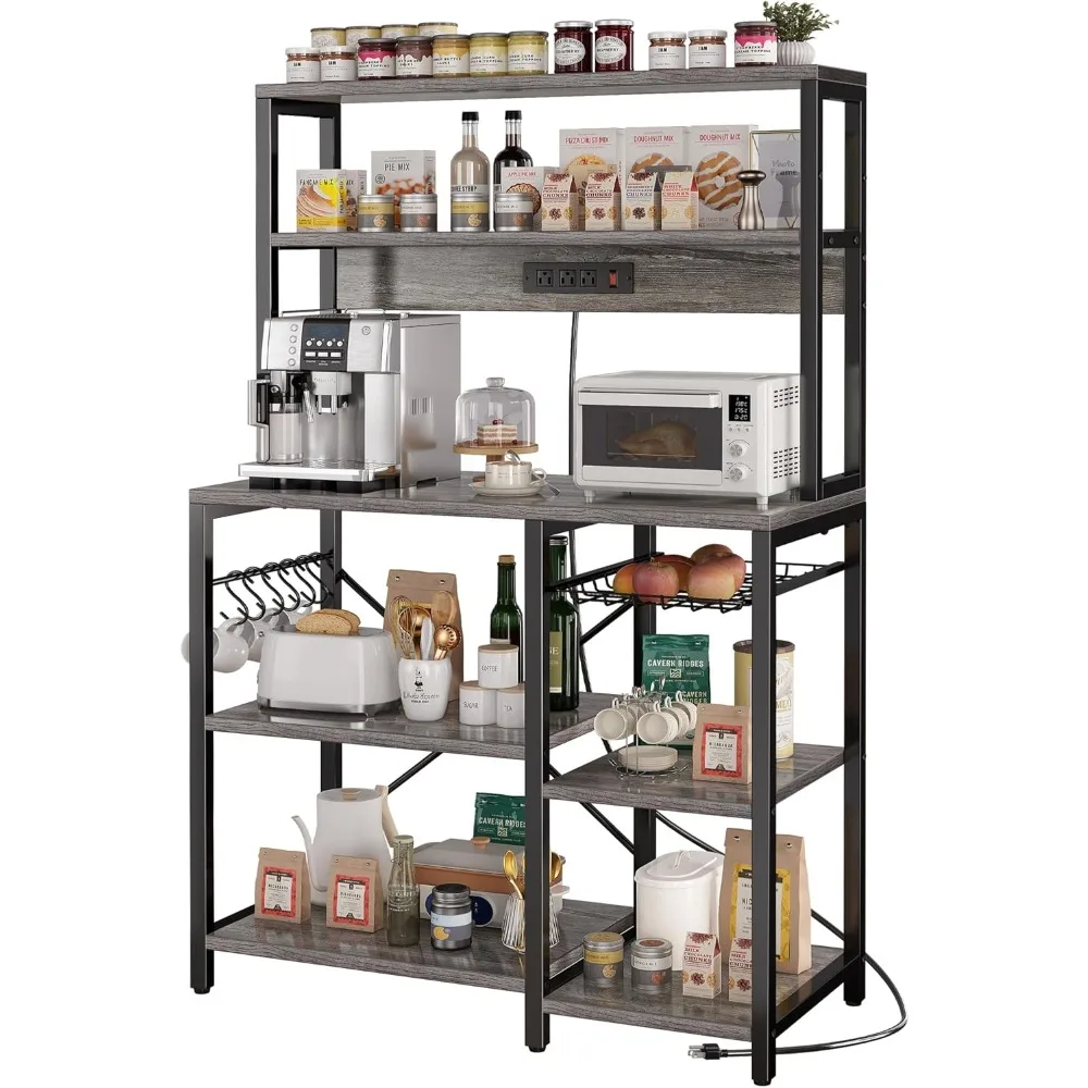 Bakers Rack with Power Outlet, 35.4 Inches Coffee Bar with Wire Basket, Kitchen Microwave Stand with 6 S-Shaped Hooks