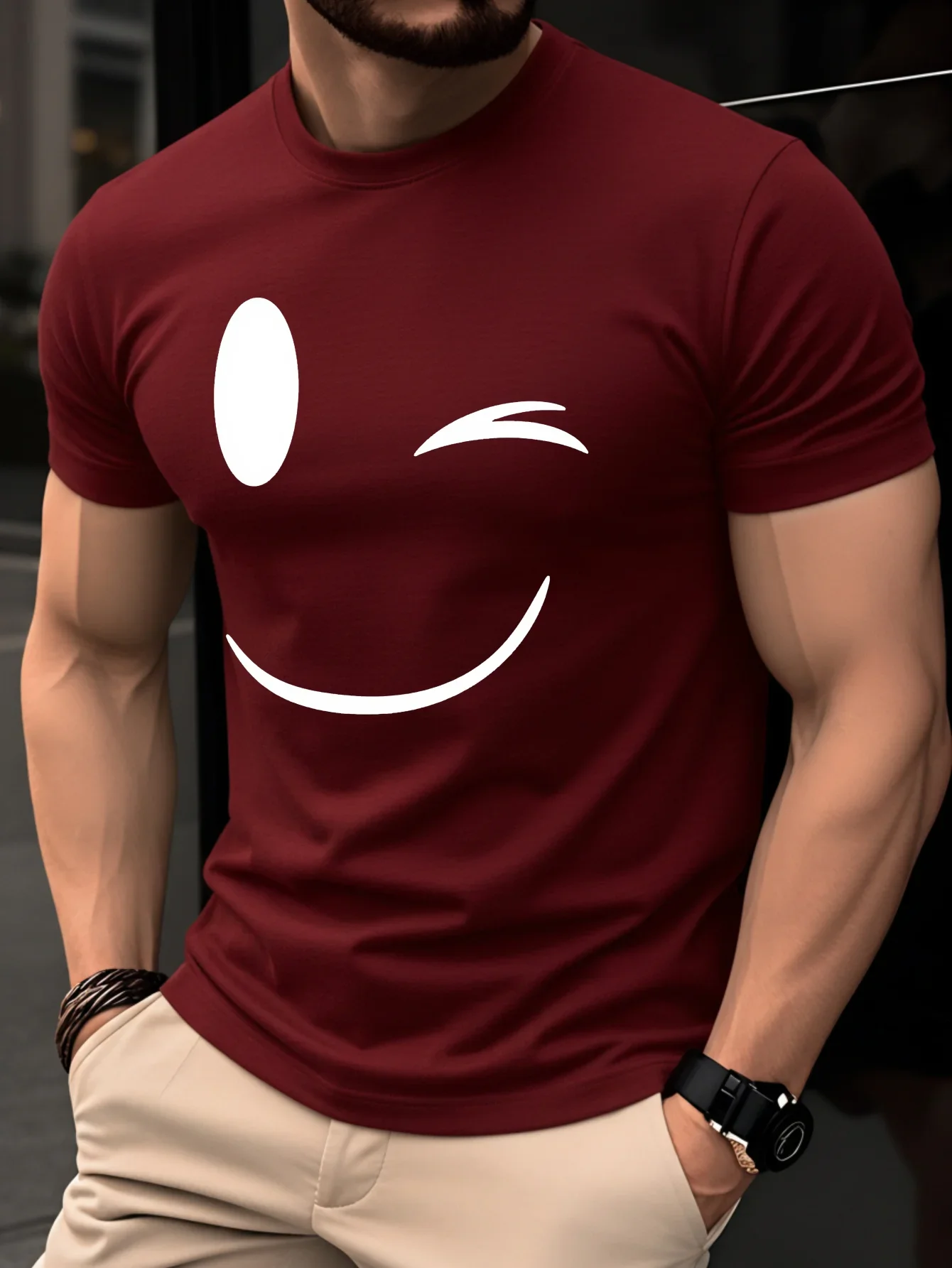 100% Pure Cotton Summer Men's and Women's Short-Sleeved T-Shirt, Simple and Oversized Smiling Face Print for Commuting Outdoors