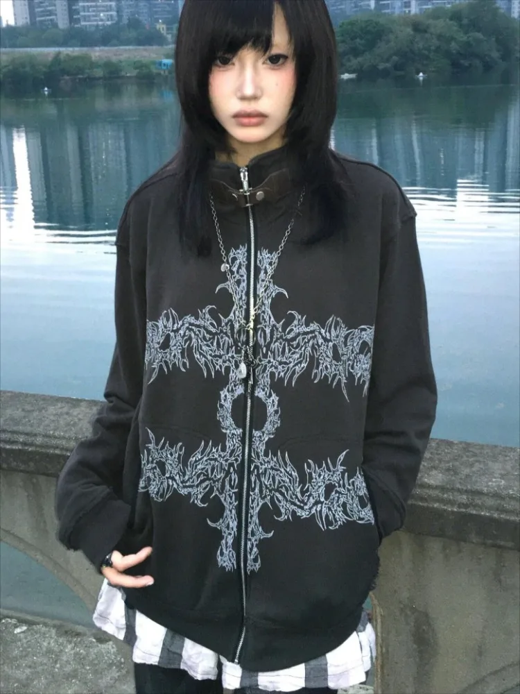 Japanese Streetwear Cross Print Grunge Hoodies Women Men Y2k Aesthetic Zipper Sweatshirt Vintage Harajuku Punk Casual Jacket