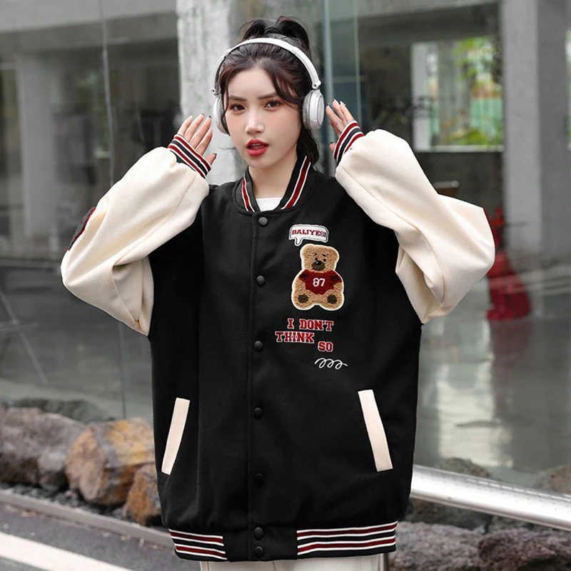 Bomber Jacket Women Korean Streetwear Fashion Oversized Coat Autumn Cute Baseball Loose Embroidery Female Trend Couple Outwear