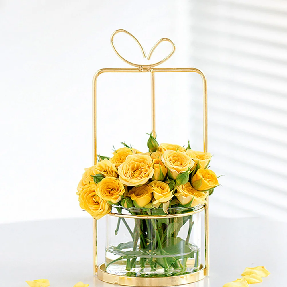 

Golden Hydroponic Glass Vase Iron Stand Handmade Desk Ornamental Flower Holder Living Room Furnishing Articles Creativity