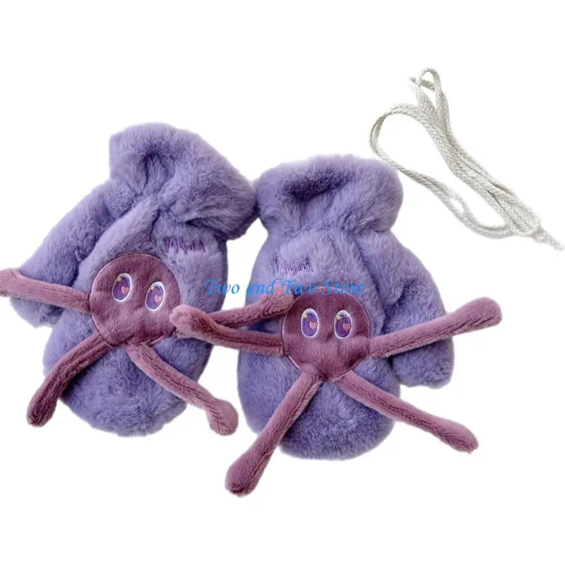 HX6F Plush Gloves Warm Skiing Gloves Girl Neck Hanging Furry Mittens for Cycling Ski