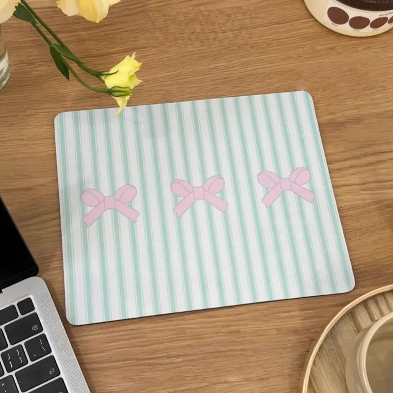 Korean Ins Green Stripe Pink Bow Leather Desk Pad Protector Non-Slip Small Mouse Pad Home &Office Pc PU Leather Laptop Mouse Mat