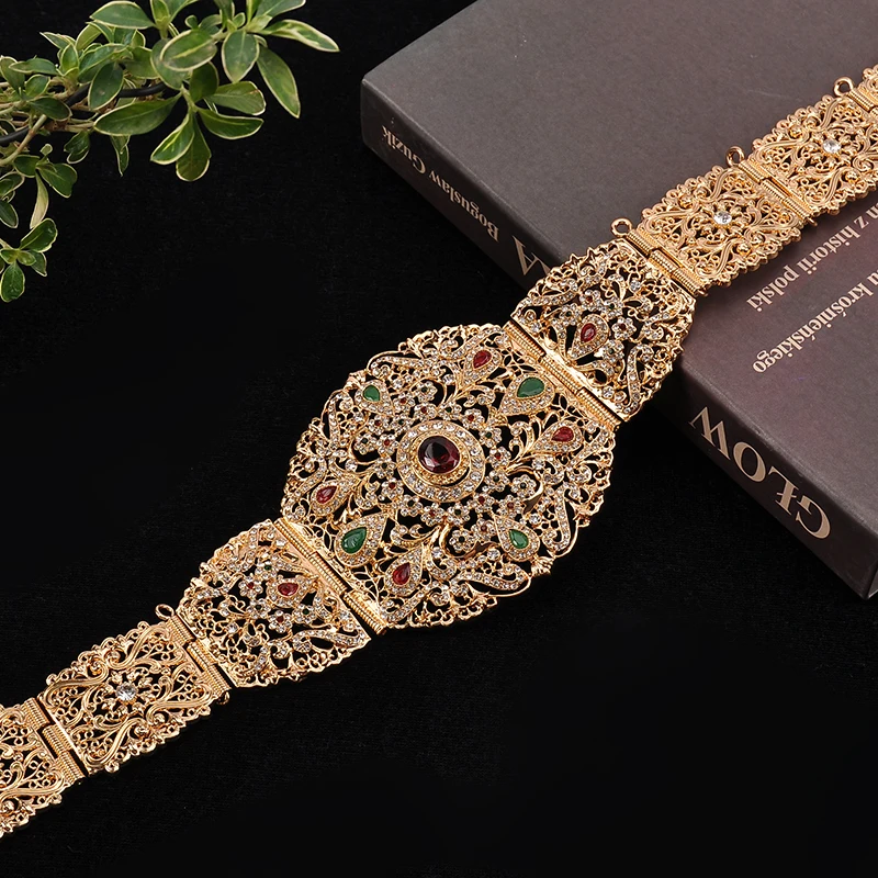 Ceinture de mariée marocaine de luxe, strass couleur or, longue chaîne pour femmes, bijoux Caftan, ceintures ethniques musulmanes pour robe de mariage