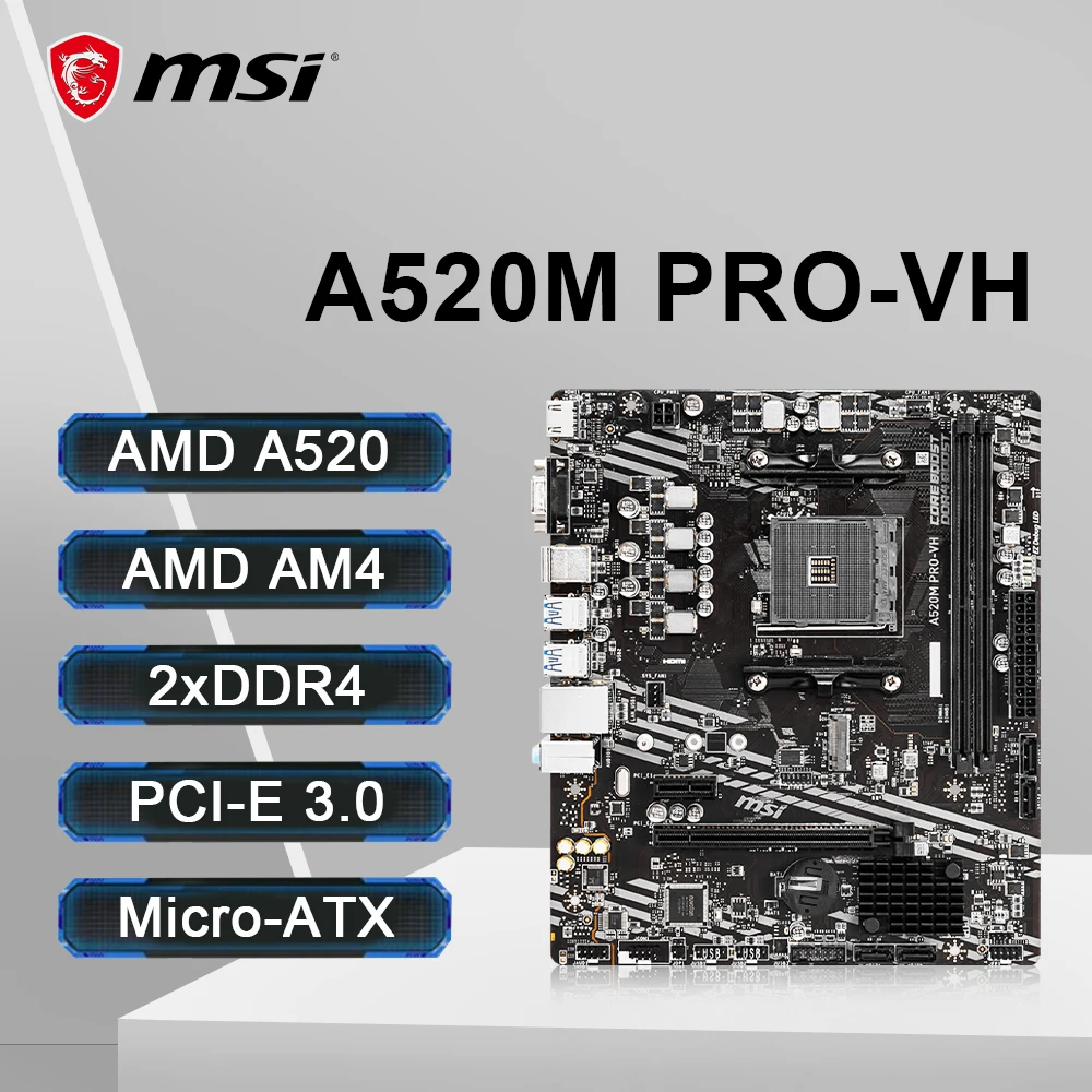 

MSI A520M PRO-VH Motherboard Support Ryzen 5 5600 5600G R7 5800X3D CPU DDR4 4600MHz+(OC) 64GB NVME M.2 PCI-E 3.0 AM4 Motherboard