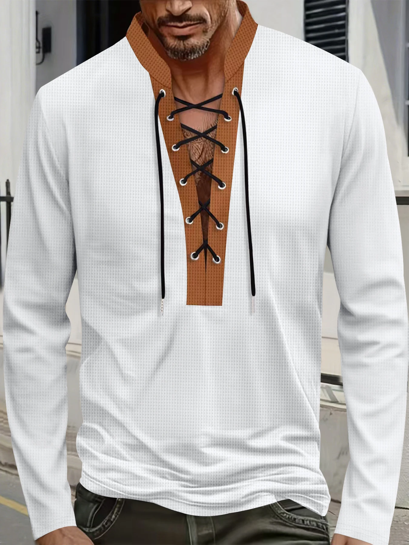 

Модный мужской весенне-осенний повседневный и модный топ с длинными рукавами и шнурком вафельного цвета.