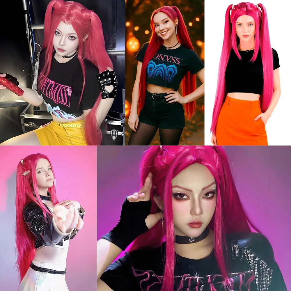 عالية الجودة أنيمي Kpop: شيطان الصيادون ميلا تأثيري الشعر الاصطناعية 38 بوصة ارتفع الأحمر مستقيم الشعر هالوين كرنفال شعر مستعار للحفلات #6