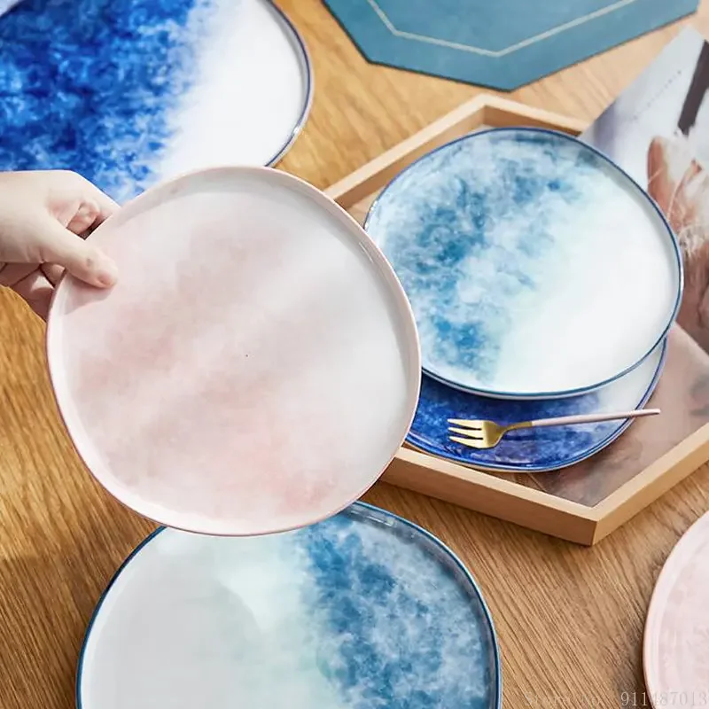 Chinese Light Luxury Creative Gradual Irregular Ceramic Dessert Breakfast Plate Home Kitchen Restaurant Western Steak Plate, 1Pc