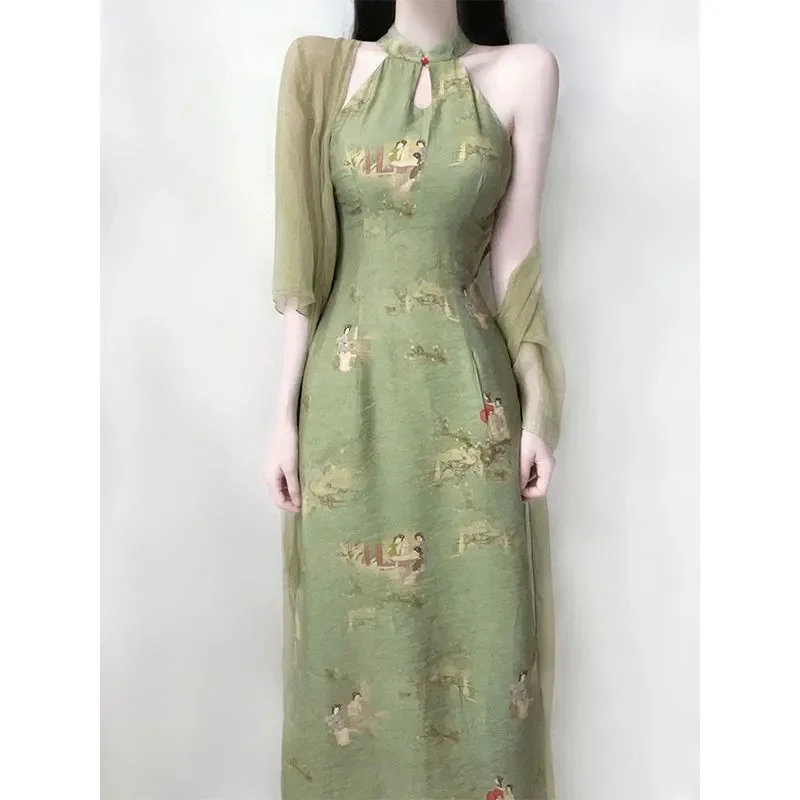 New Chinese Hanfu Women's Clothing Ancient Modified Cheongsam High-end Elegant Green Neck Dress Spring and Summer