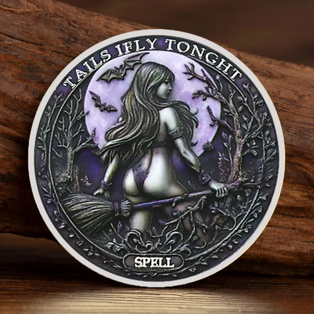 Moon Knight Charm Commemorative Coin - Witch and Broom Color Printed Silver Plated Collectible Coin
