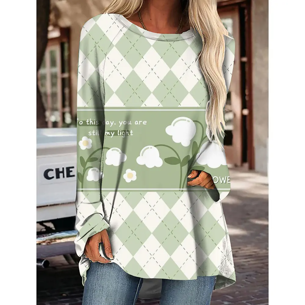

New Fashion Women's Plaid Flower T-Shirt For Women Girl Party Clothing Loose Autumn Winter Long Sleeve T-Shirt Top Tees