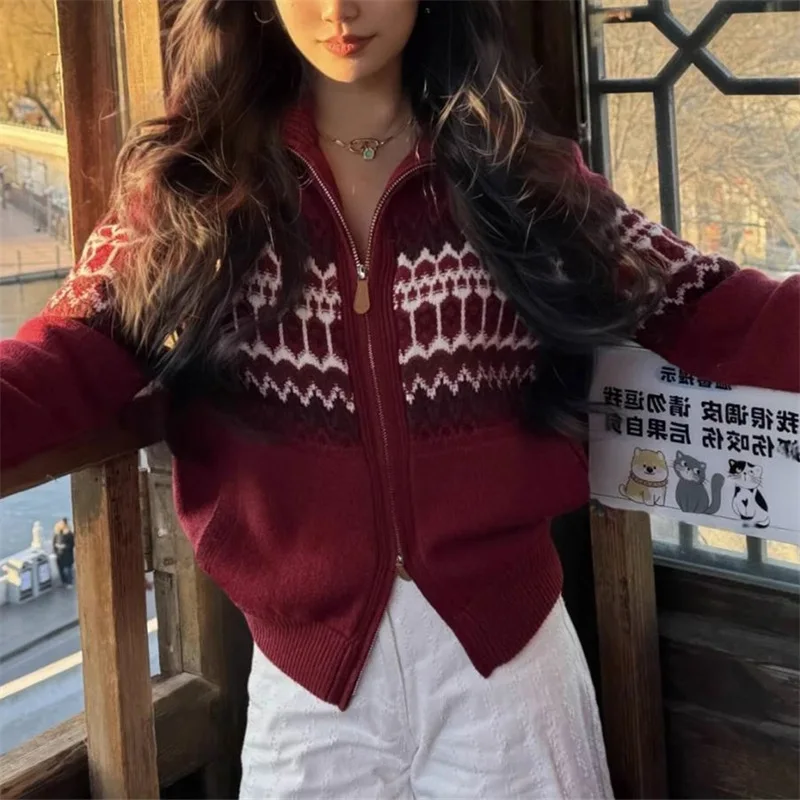 Sweater Women's Autumn and Winter Thick High Neck Knitted Cardigan Loose and Lazy Style College Style Jacket Women's Clothing