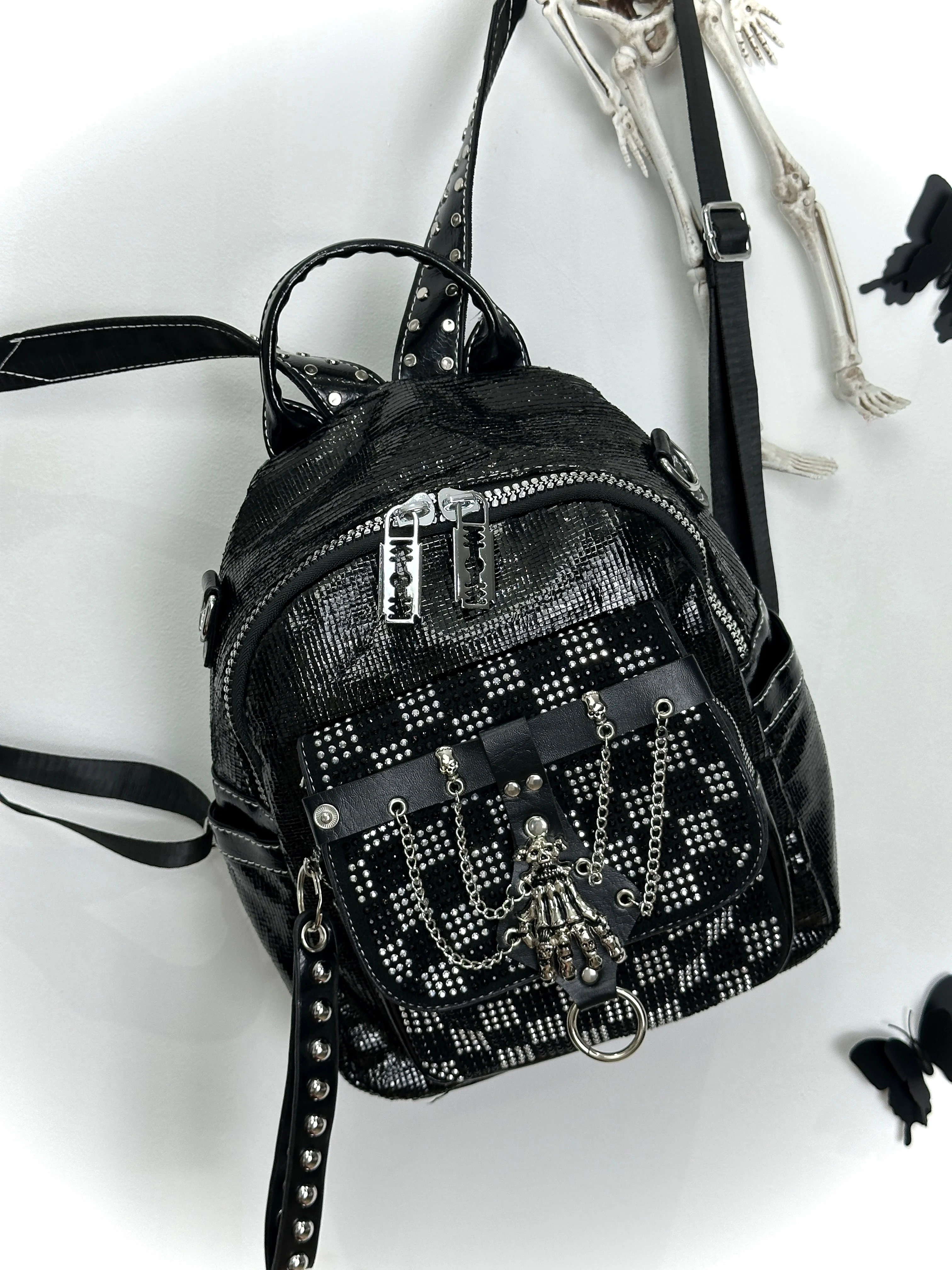 Original Handmade Punk Skeleton Hand Plaid Backpack Black Leather Goth Street Spice Girls Women's Bag
