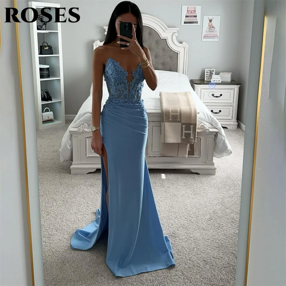 Rosen Himmelblau Abendkleid Schatz ärmellose Meerjungfrau Party kleid Vestido de Novia sexy Seite High Split Falten Ballkleid