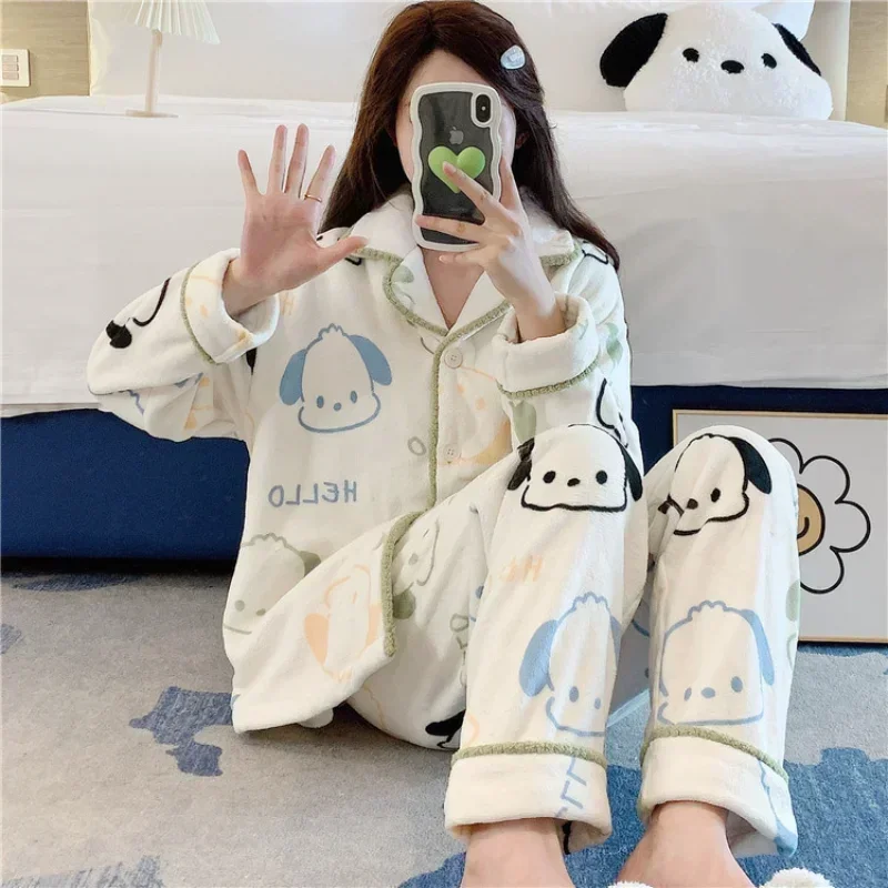 Nuevo Sanrio Pacha perro invierno puro algodón felpa gruesa pantalones de manga larga casual conjunto de dos piezas pijamas de mujer ropa de descanso