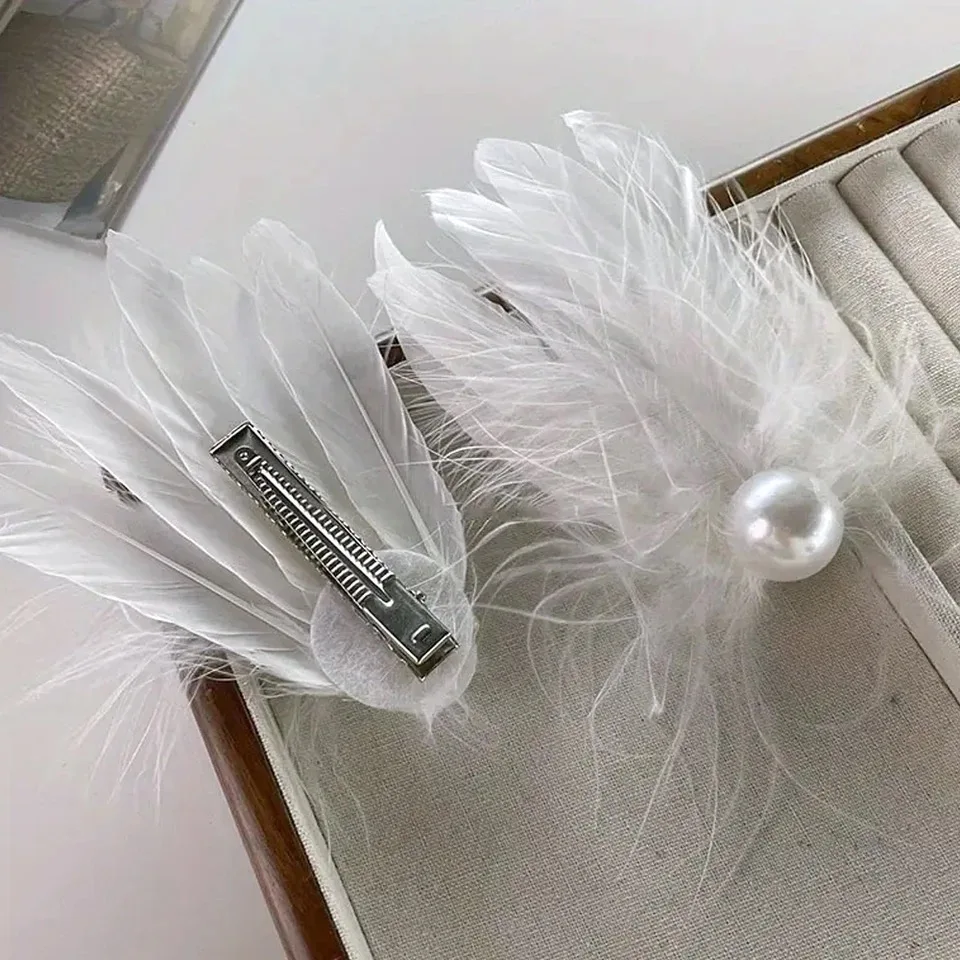 2Pcs/Set Fairy Elegant White Feather Hairpin Sweet Hairwear Pearl Fluffy Girl Side Clip Ballet Decor Barrette Hair Accessories
