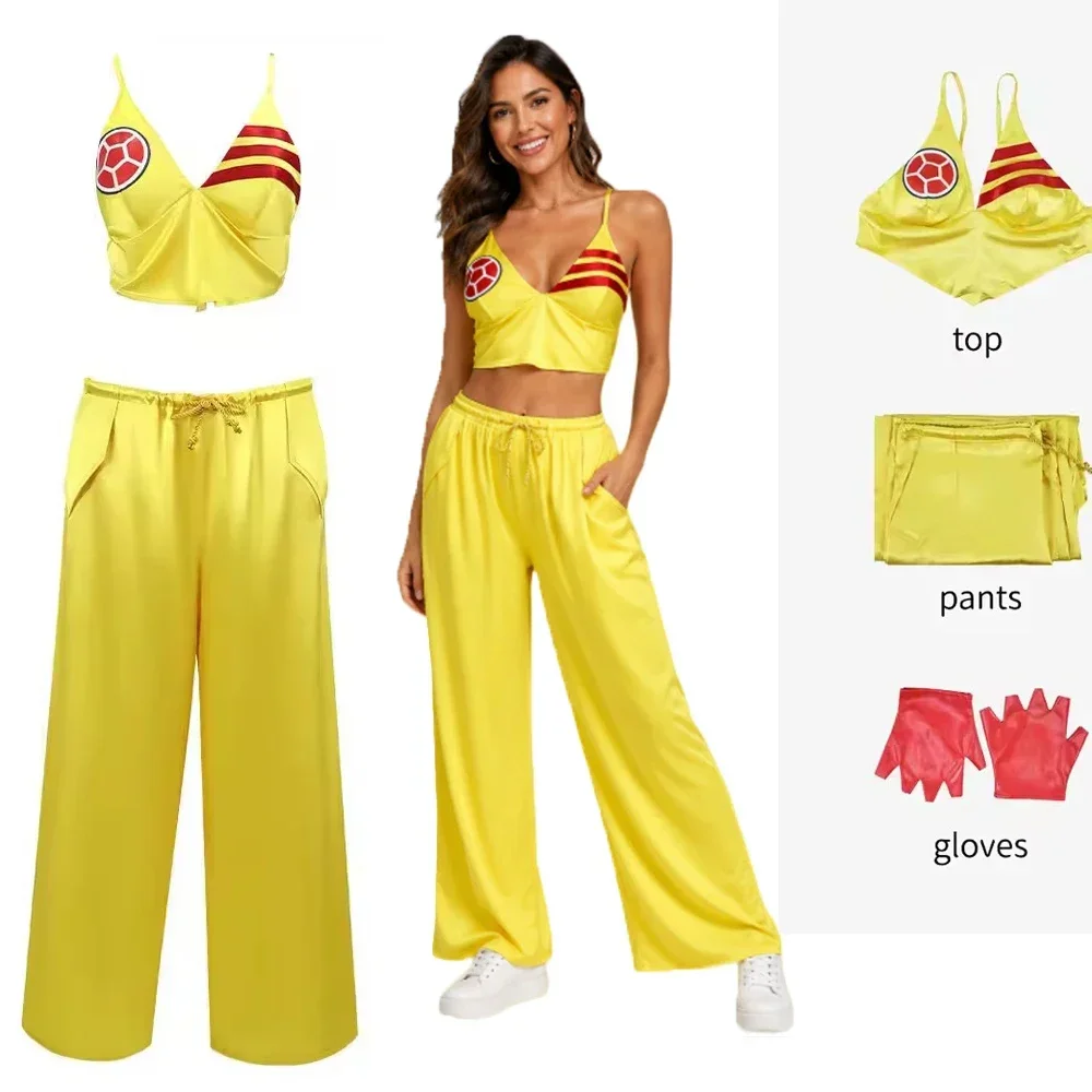 Shakira Singer Style Gelbes Cosplay-Kostüm Fußballspiel Cheerleading-Outfit Damen Karneval Bühnenauftritt Top Hose Handschuhe