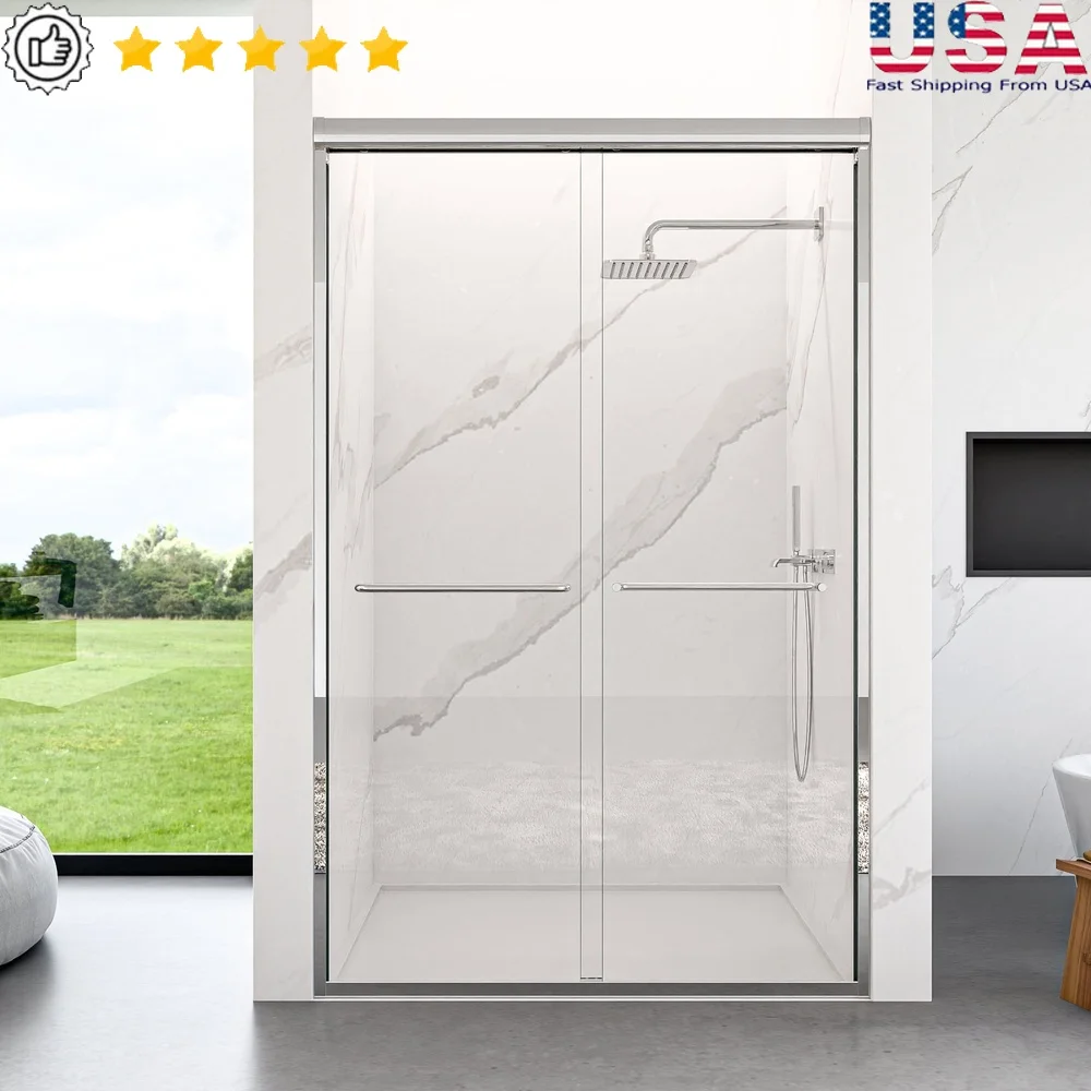 

Полурамная двойная раздвижная душевая дверь 6 мм, закаленное стекло, хромированная вешалка для полотенец, ручки, гладкая раздвижная система, современный дизайн