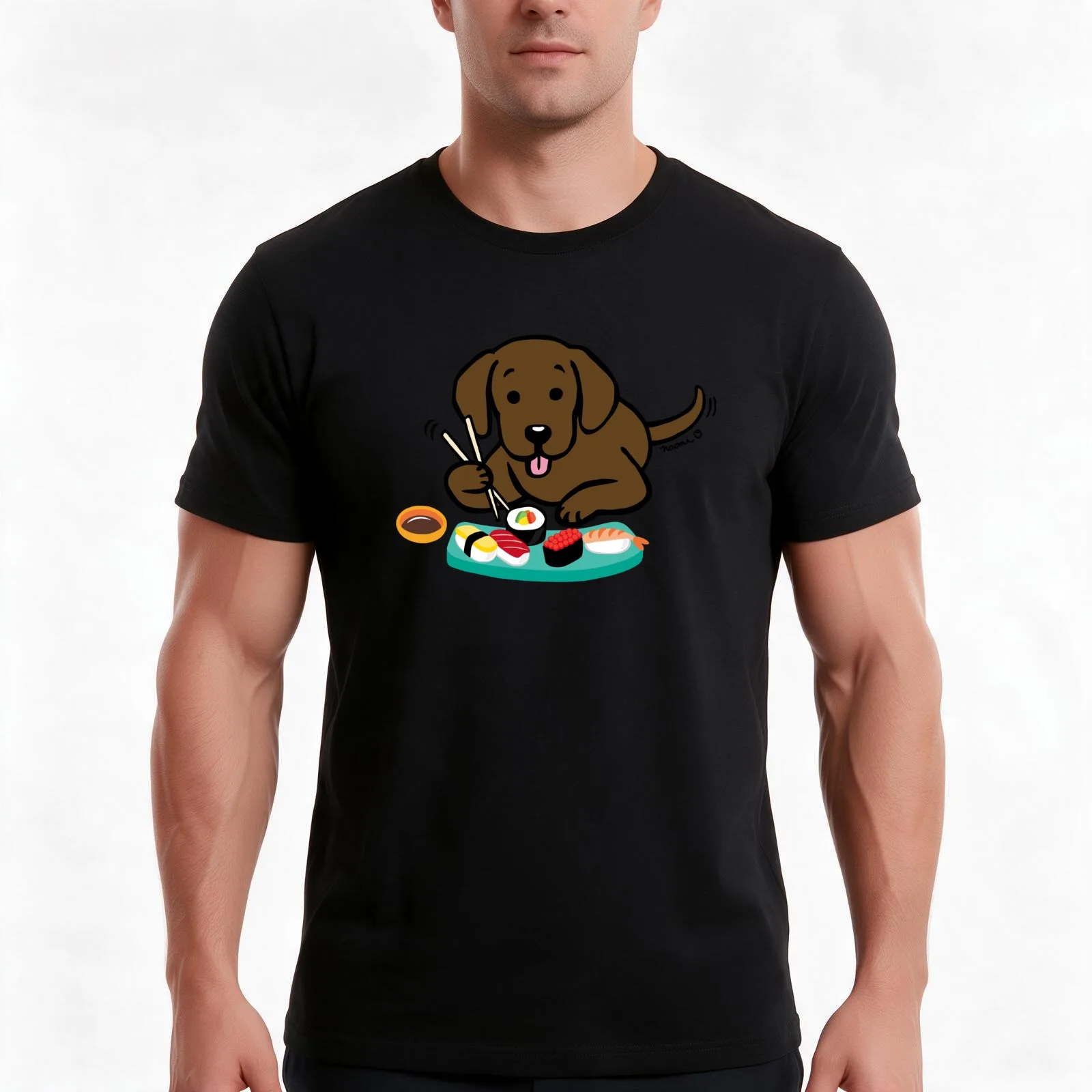 Chocolate Labrador Sushi T-Shirt, Summer Casual Cotton Tee, Oversized Streetwear Tops, Vintage Graphic Print, Unisex Men Women