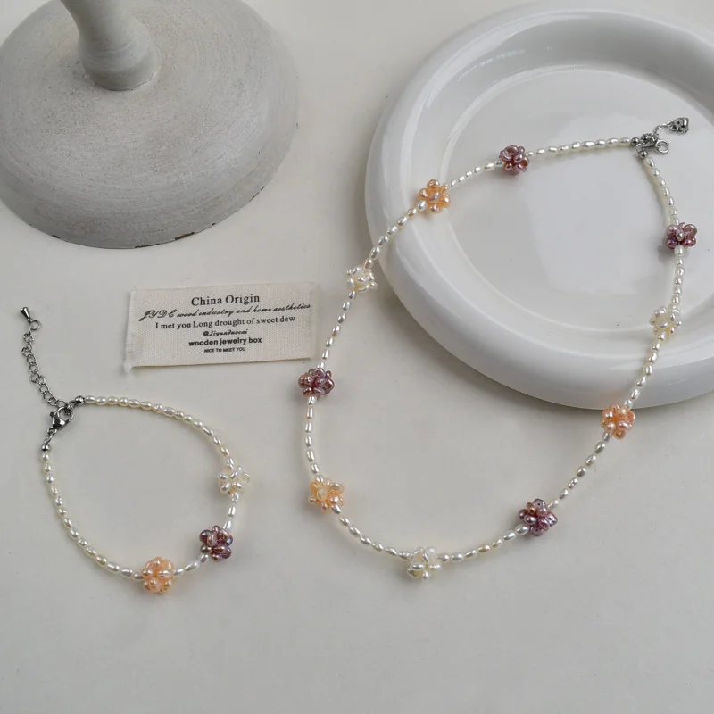 

Baroque Natural Necklace 925 Silver Freshwater Small Pearl Elegant Simple Temperament Flower Ball Choker Bracelet