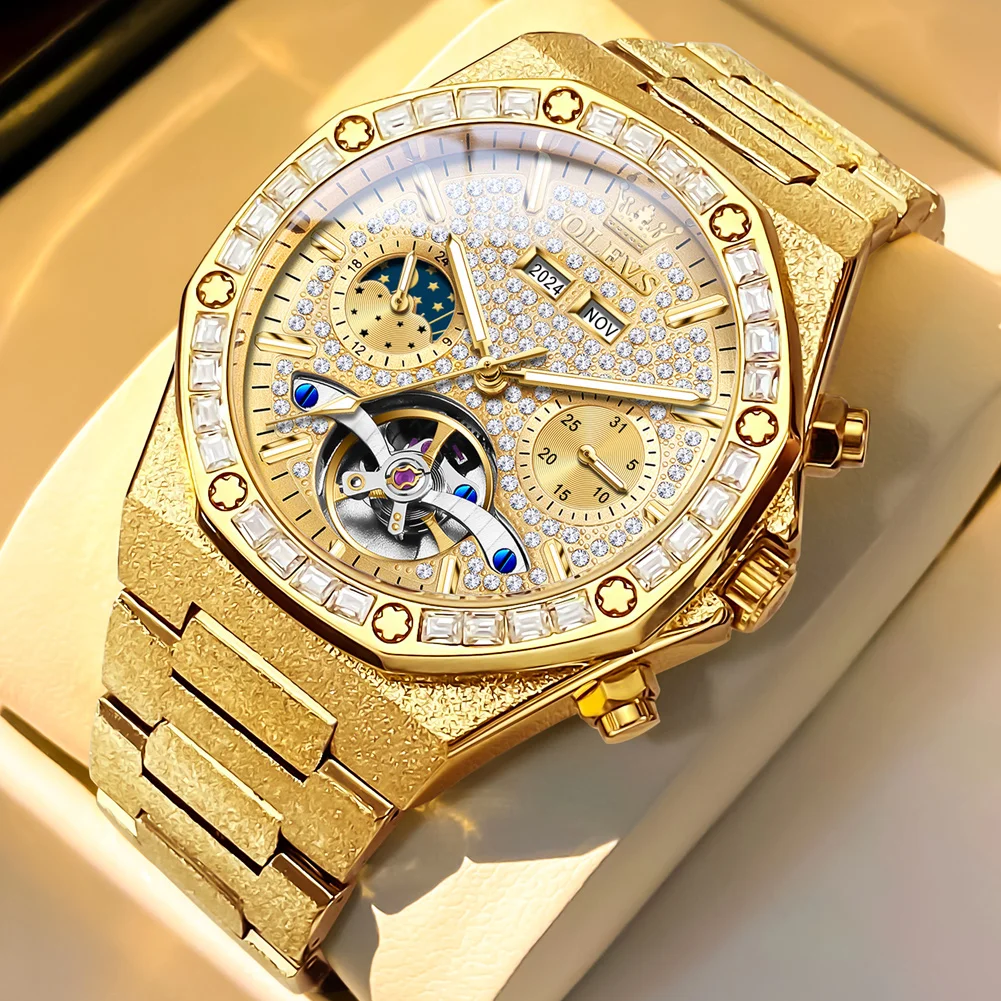 OLEVS Gold Steel Mens Watches Top Brand Automatic Mechanical Luxury Watch Sport Waterproof Tourbillon Wrist Watch Reloj Hombre