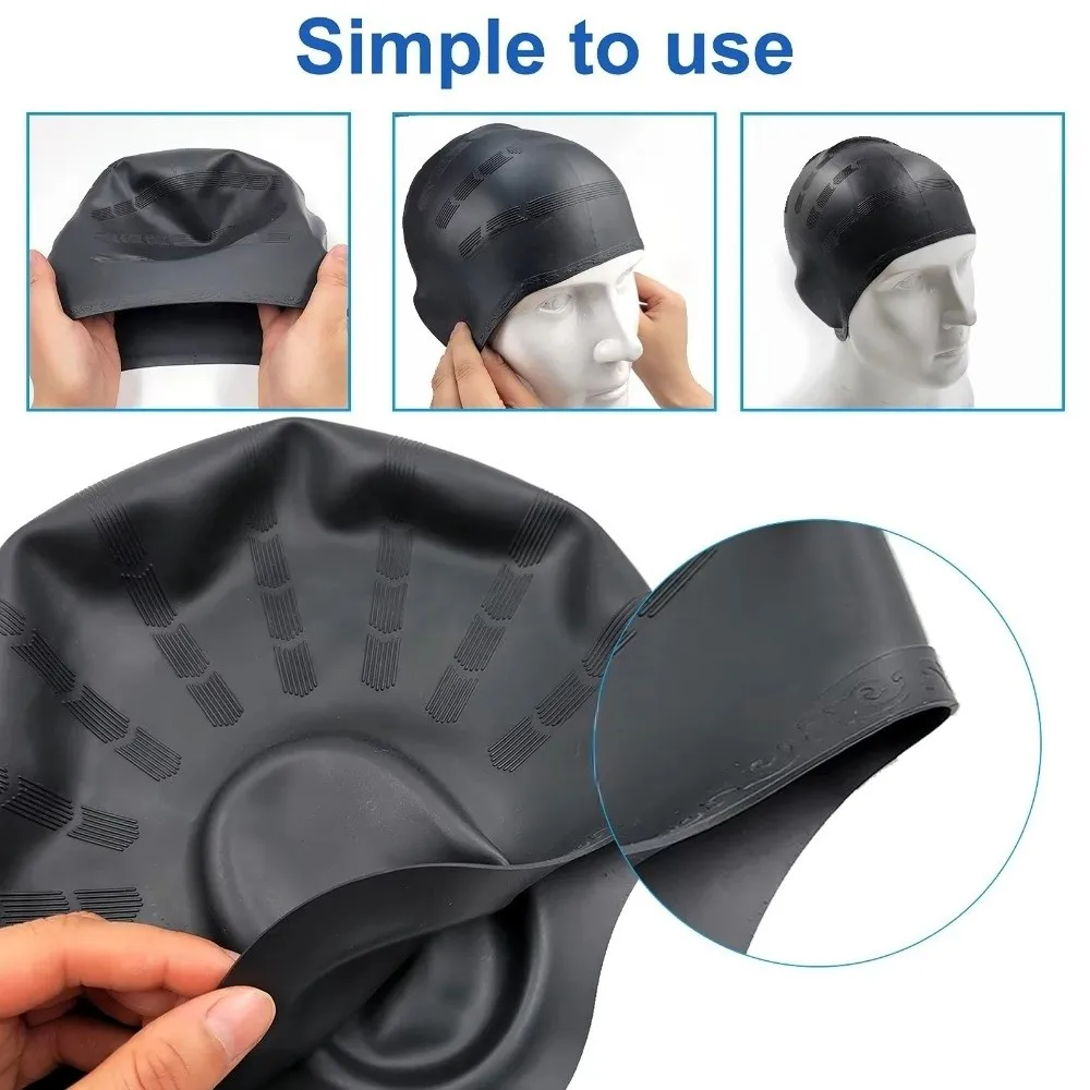 Durable Ear Pockets Silicone Swim Cap High Elasticity Ear Protection Swimming Cap Non-slip Large Size Swim Hat Men Women