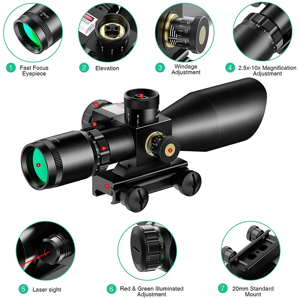 2.5-10x40 Hunting Riflescope Red Green Illuminated Rifle Scope Mil-dot Gun Scope Green Laser Combo Hunting Riflescope