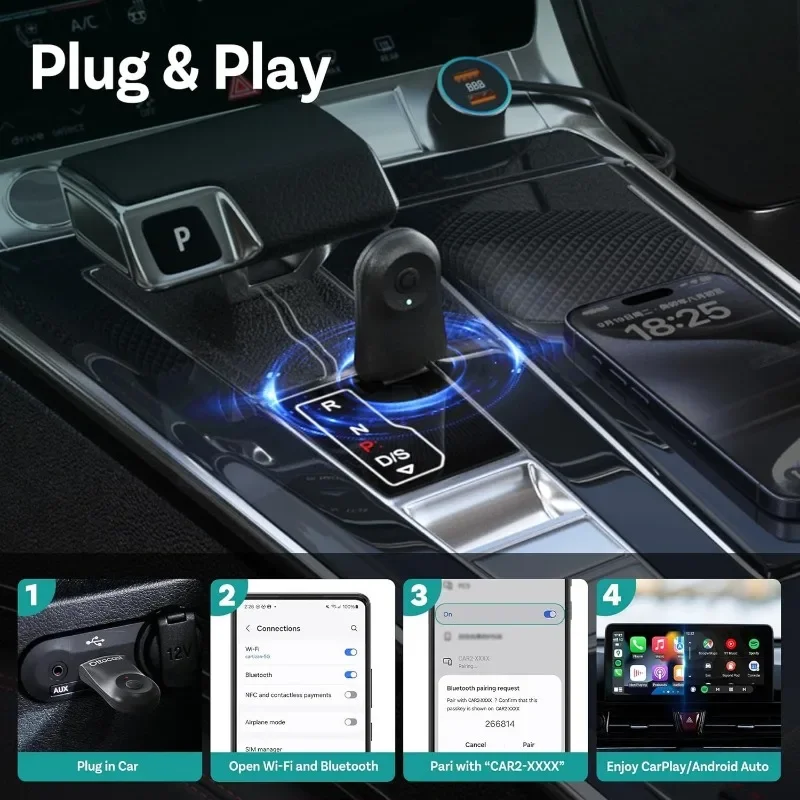 Mini Dongle Wireless CarPlay Adapter for iPhone & Android Auto Adapter 2-in-1 Convert Wired to Wireless Apple Car Play,