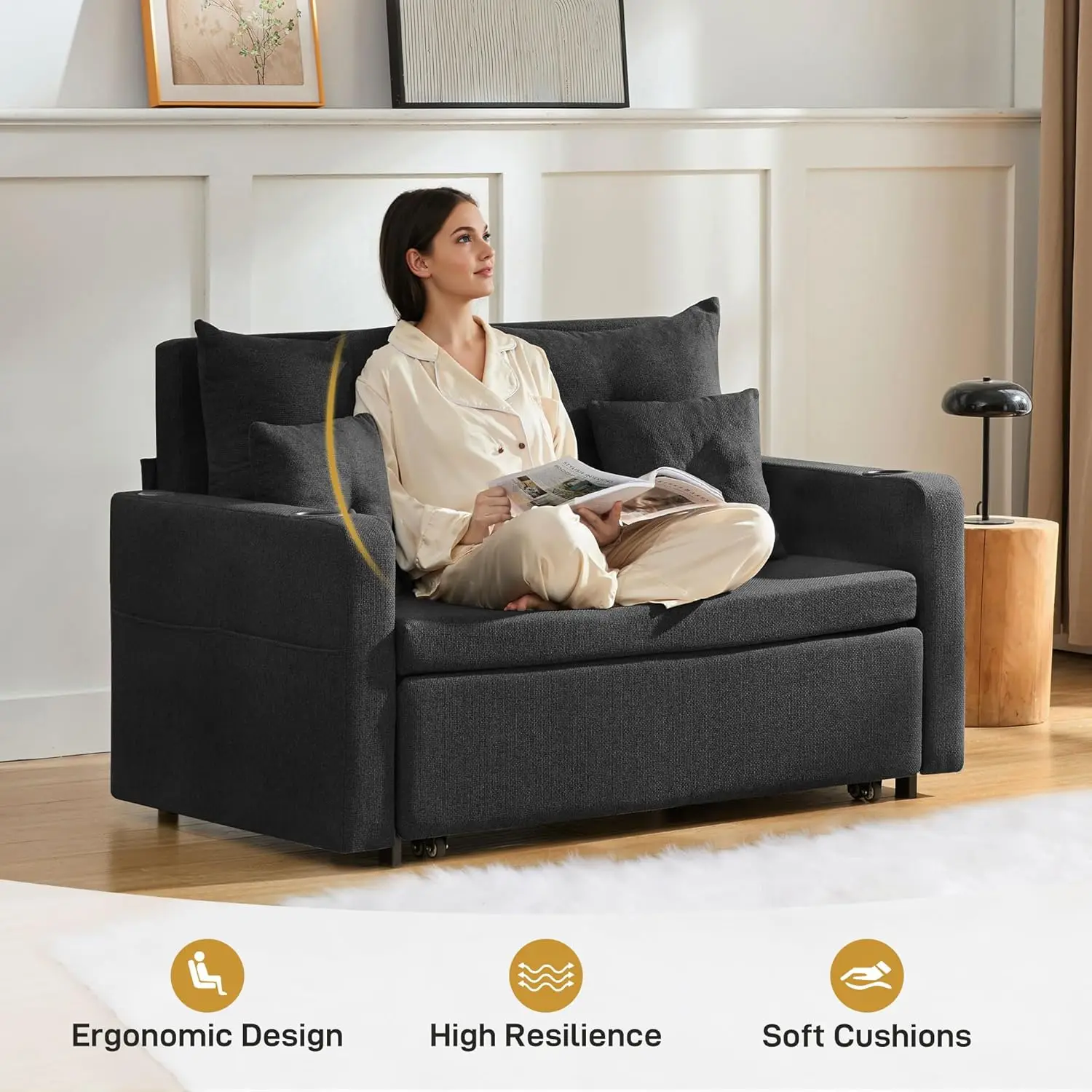 Sofá-Cama Conversível, Sofá Retrátil de 56 Polegadas, Sofá-Cama Loveseat com 4 Almofadas, Compartimento e USB, Personalizado